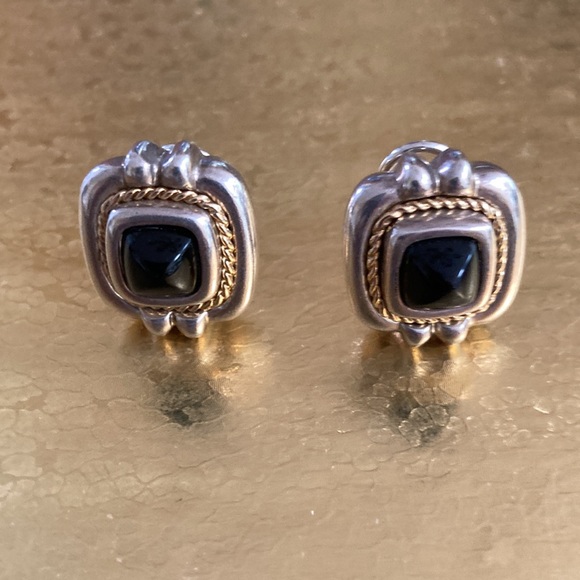 Authentic Tiffany, black onyx sterling silver with 18k gold roping post earrings - Picture 2 of 5